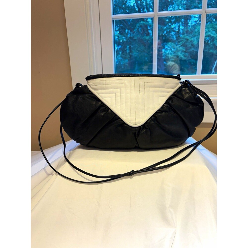 Vintage Brio! 80s Black Leather Handbag White Geometric Quilted Flap Tassel